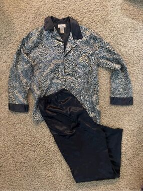 Silky Two-Piece Pajama Set in Black and Cream- Leopard Print